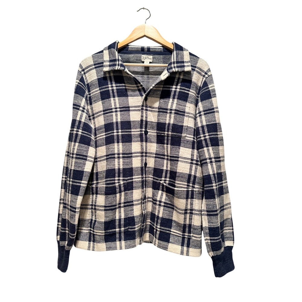 J.Crew Heritage Plaid Knit‎ Shirt Small Navy Cream Button Front Cotton Preppy